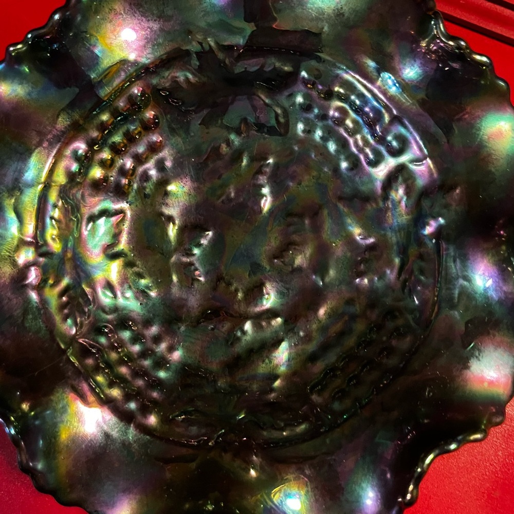 🔥 Hazel Atlas Carnival Glass Bowl Signed VTG Retro Good Luck ? Fenton ? Ruffles